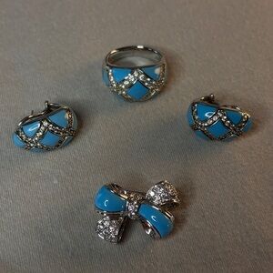 Crystal 925 DOCZ Sparkle Enamel Earrings, Pin, Size 9 Ring 3 Pcs Set Vintage